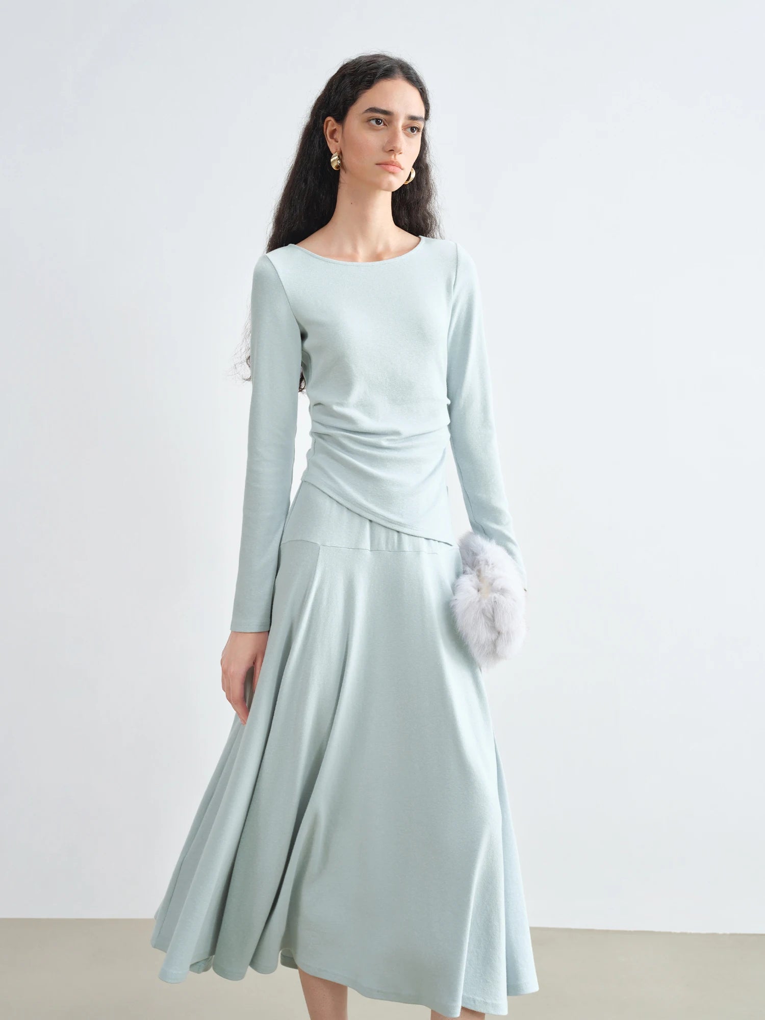 ZIQIAO Autumn 2025 Long Sleeve Set - Blue Soft Tone Matching Top & Skirt Long Length Women Casual Outfit