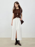 ZIQIAO 2025 Summer Women's Linen A-Line Midi Skirt - Triple Vent Hem & Breathable Styling Casual Loose Skirts 25ZQ92182