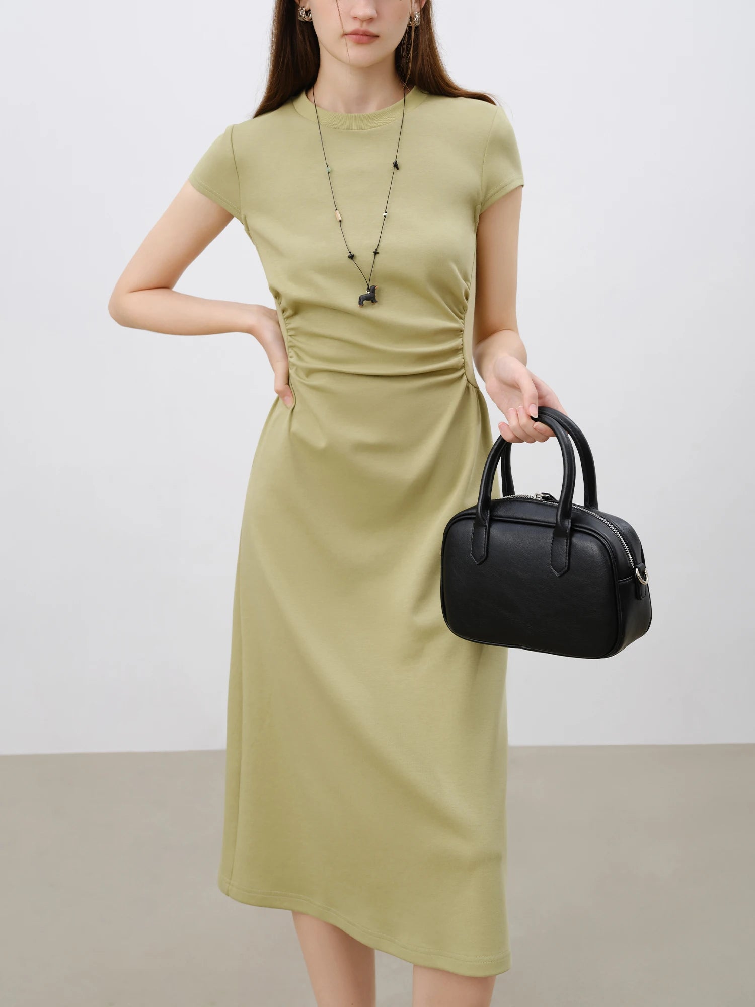 ZIQIAO 2025 SS Petite Women Slim Fit Waist-Cinching Knit Dress - Stretchy Bodycon Midi Dress Round Neck Casual Minimalist