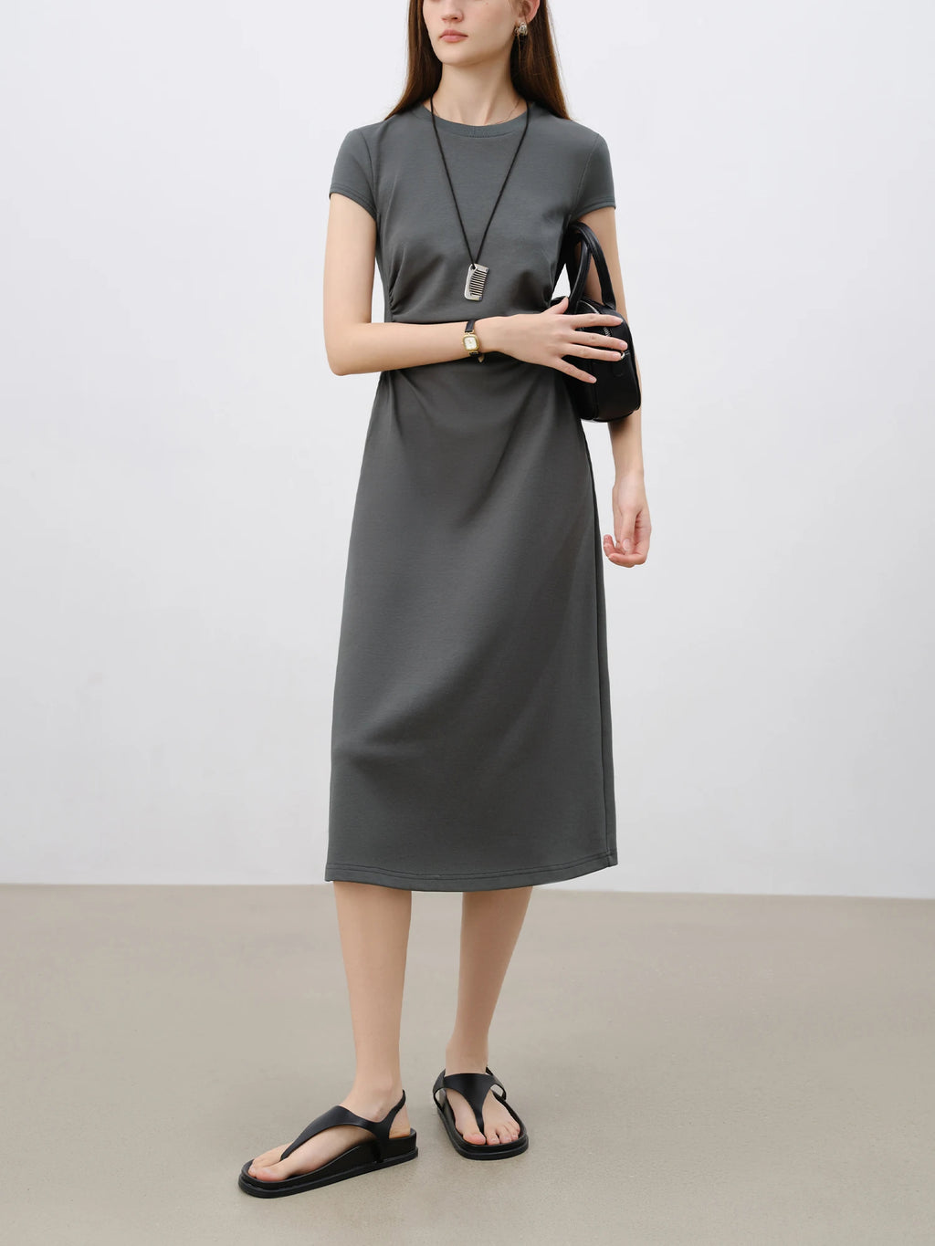 ZIQIAO 2025 SS Petite Women Slim Fit Waist-Cinching Knit Dress - Stretchy Bodycon Midi Dress Round Neck Casual Minimalist