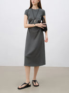 ZIQIAO 2025 SS Petite Women Slim Fit Waist-Cinching Knit Dress - Stretchy Bodycon Midi Dress Round Neck Casual Minimalist