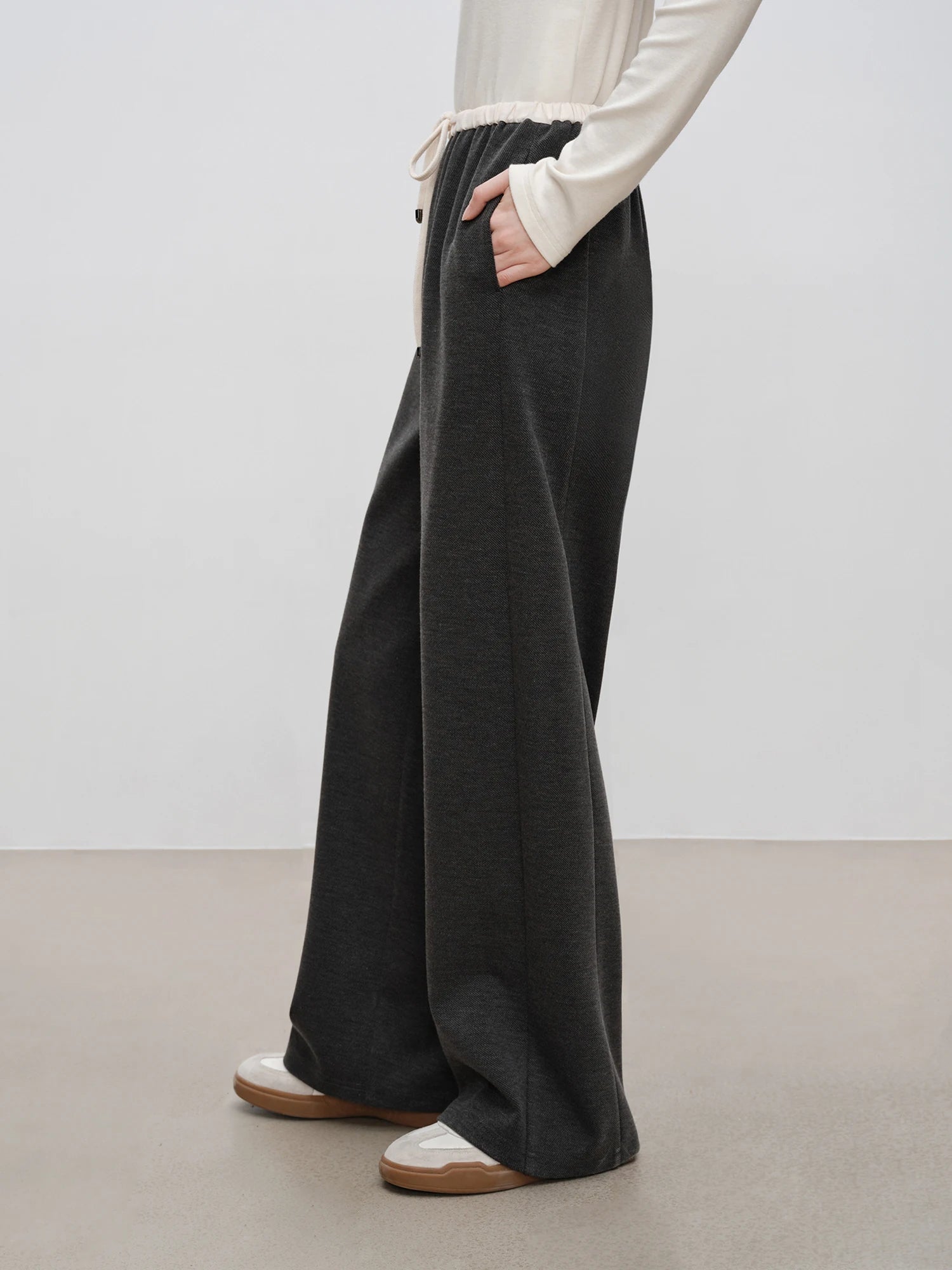 ZIQIAO 4.6% Wool 76.5% Cotton Straight Chic Long Pants for Women 2024 Winter New Design High Waist Warm Grey Pants 24ZQ94388