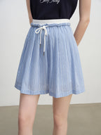 ZIQIAO New Arrival for 2025 Petite Women High-Waisted Blue Striped Pleated Mini A-Line Skirt 25ZQ92312