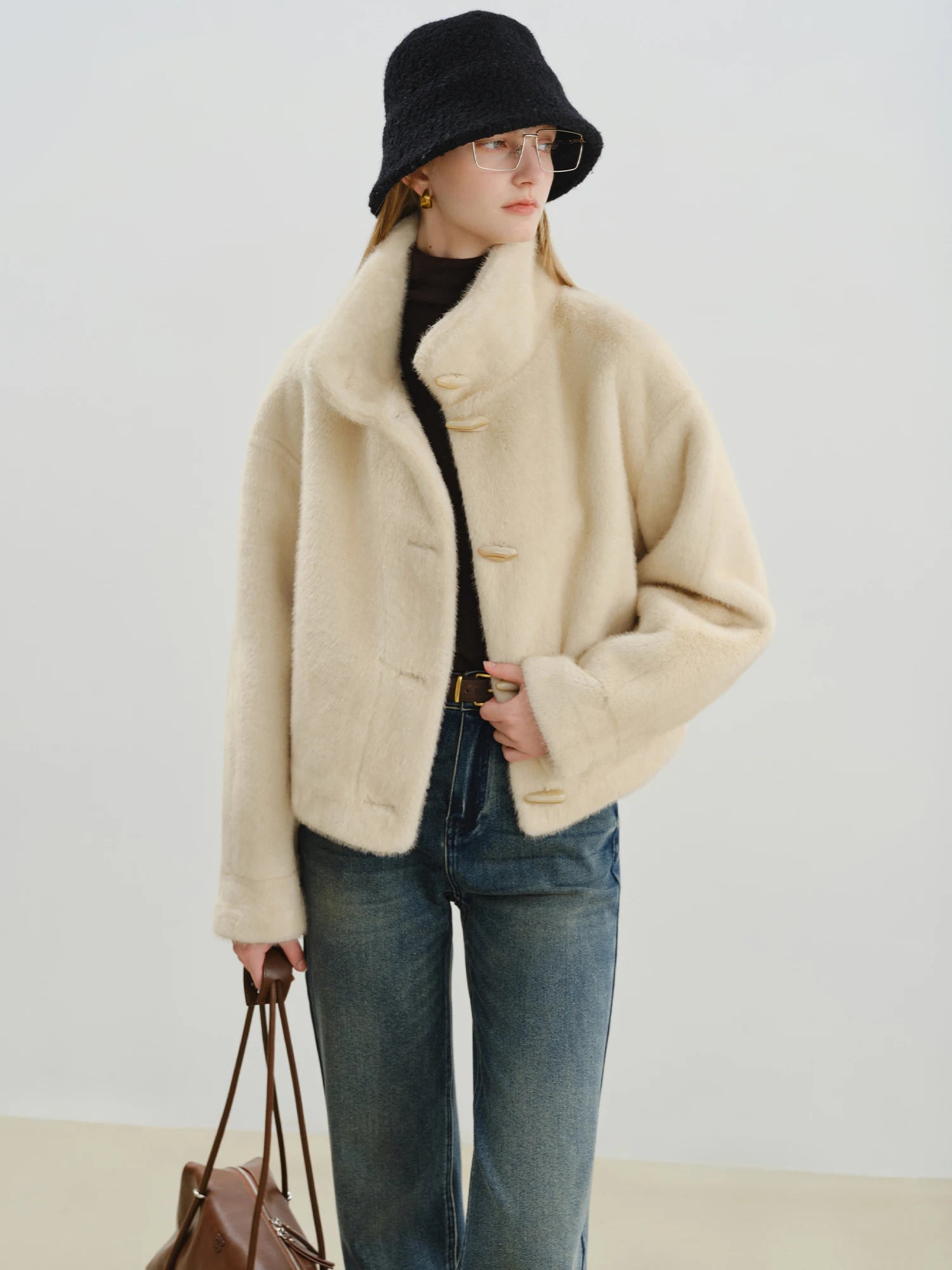 ZIQIA 2025 Winter Women Short Faux Fur Coat with Toggle Buttons - Eco-Friendly Integrated Fur Leather Look New Arrival Outerwear