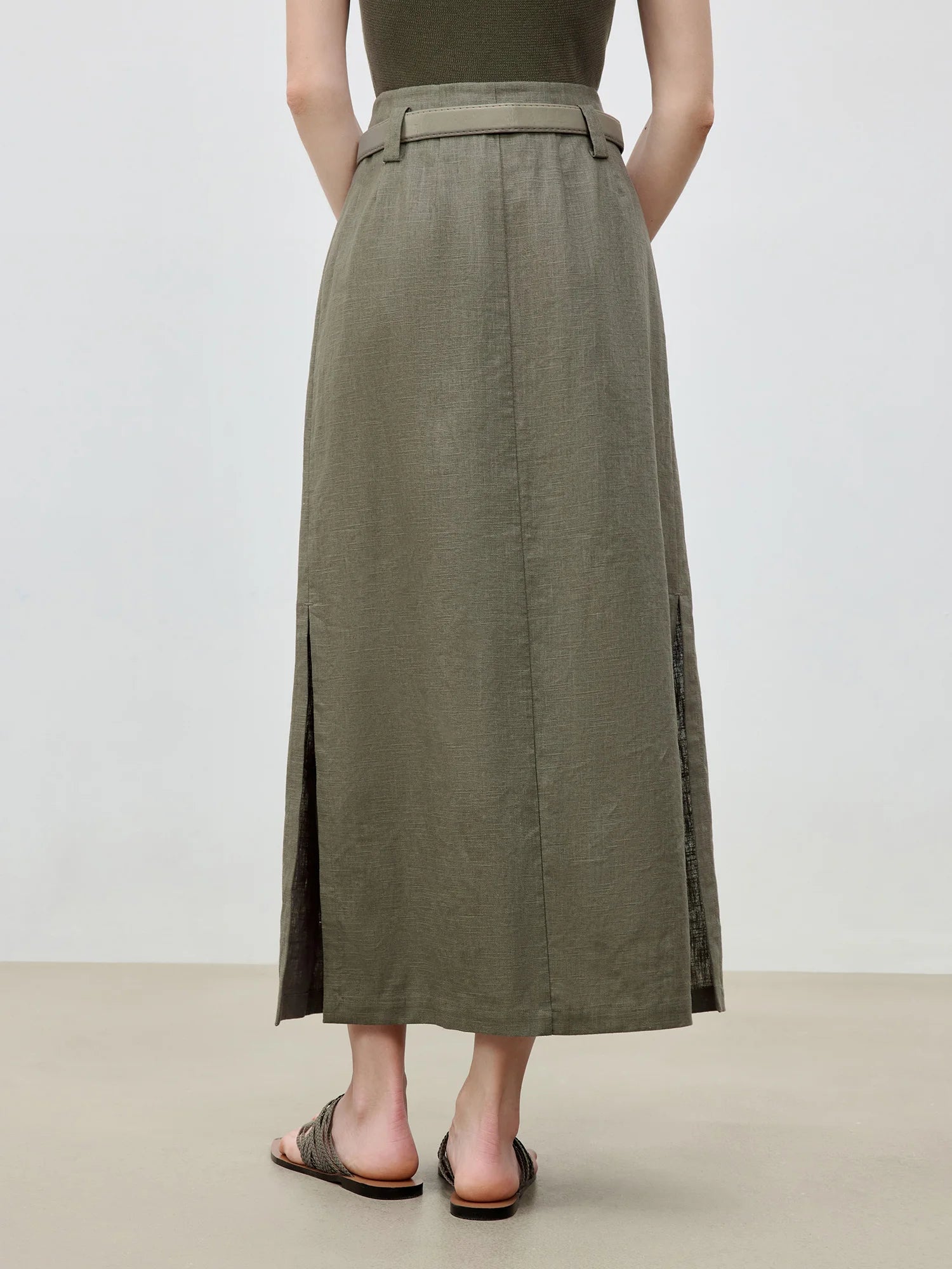 ZIQIAO 2025 Summer Women's Linen A-Line Midi Skirt - Triple Vent Hem & Breathable Styling Casual Loose Skirts 25ZQ92182