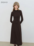 ZIQIAO Autumn Winter 2025 Women's Waist-Defined Maxi Dress - Classic Black Timeless Silhouette Flattering Fit Office Elegant