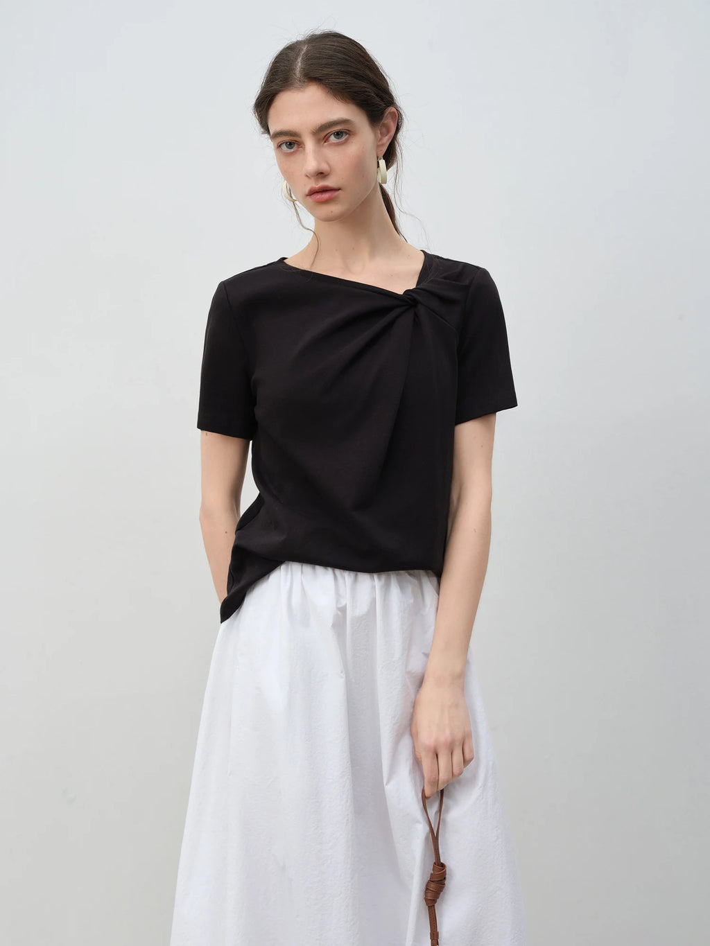 ZIQIAO Asymmetrical Knot Design - Petite Women's Short Sleeve T-Shirt - 2025 New Arrival Summer Slimming Versatile Top 25ZQ92102