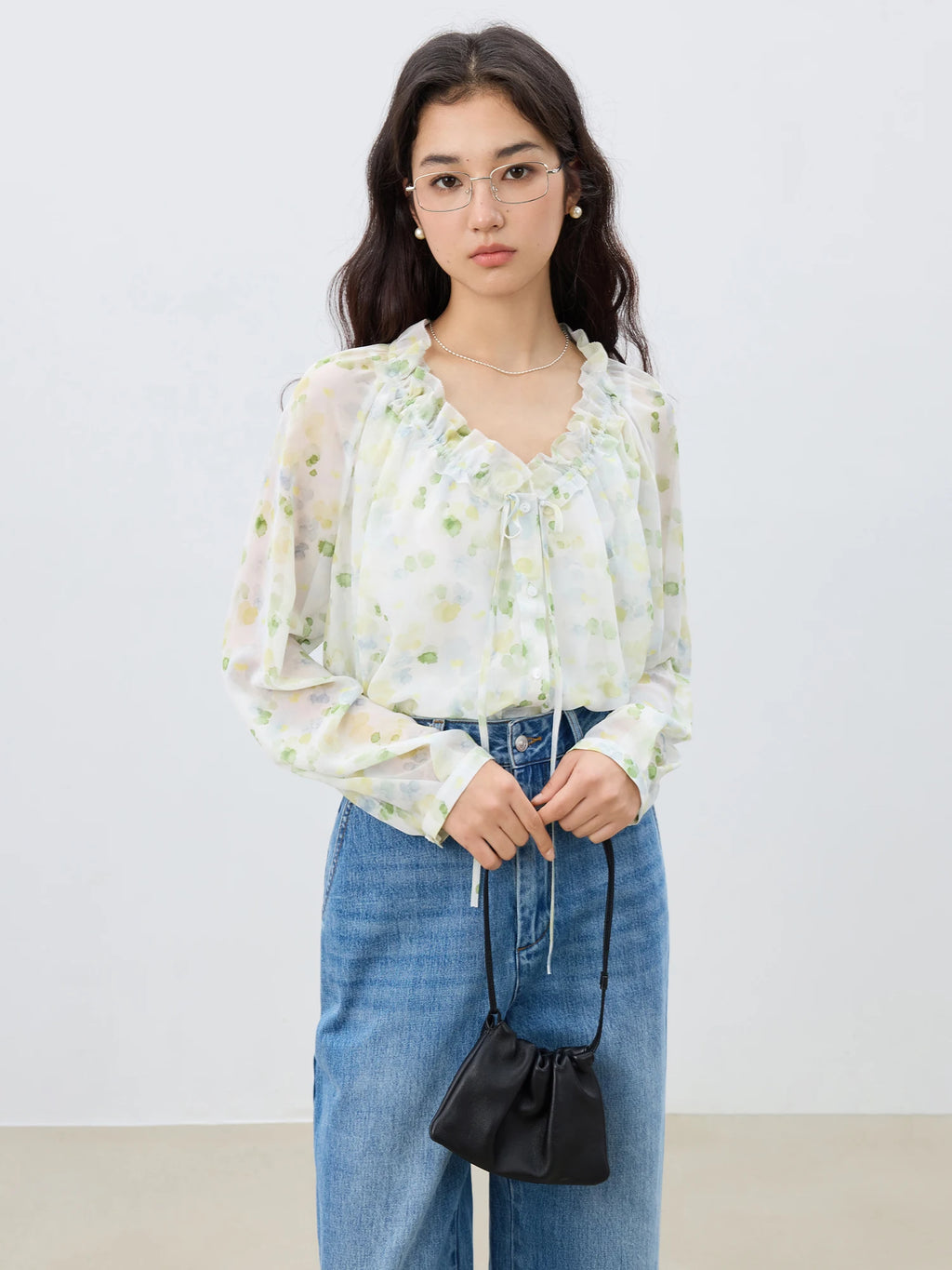 ZIQIAO Women Spring Long Sleeve Chiffon Shirts Blouse+Vest Two Sets V-Neck French Style Floral Women Shirt Tops 25ZQ91125