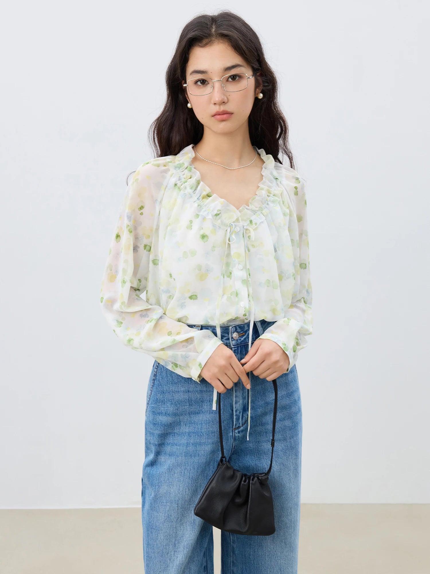 ZIQIAO Women Spring Long Sleeve Chiffon Shirts Blouse+Vest Two Sets V-Neck French Style Floral Women Shirt Tops 25ZQ91125