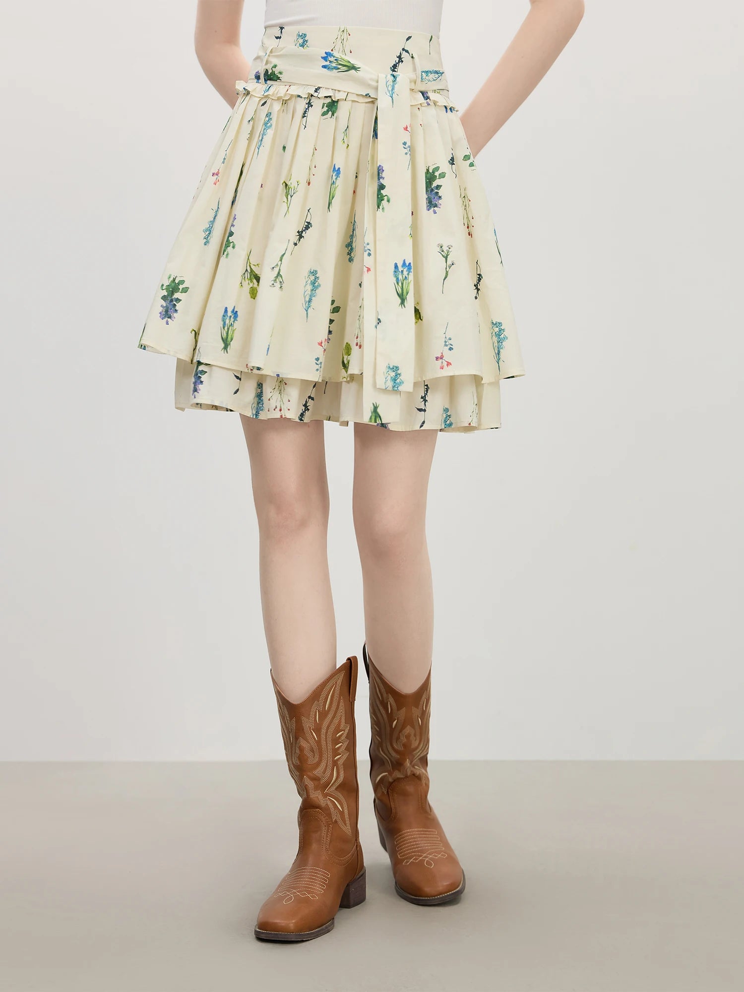 FSLE 2025 Summer Pleated Skirt Women's Printed Flared Midi Skirt Trendy Y2K Casual High Waist A-Line Skirt 25FS12786