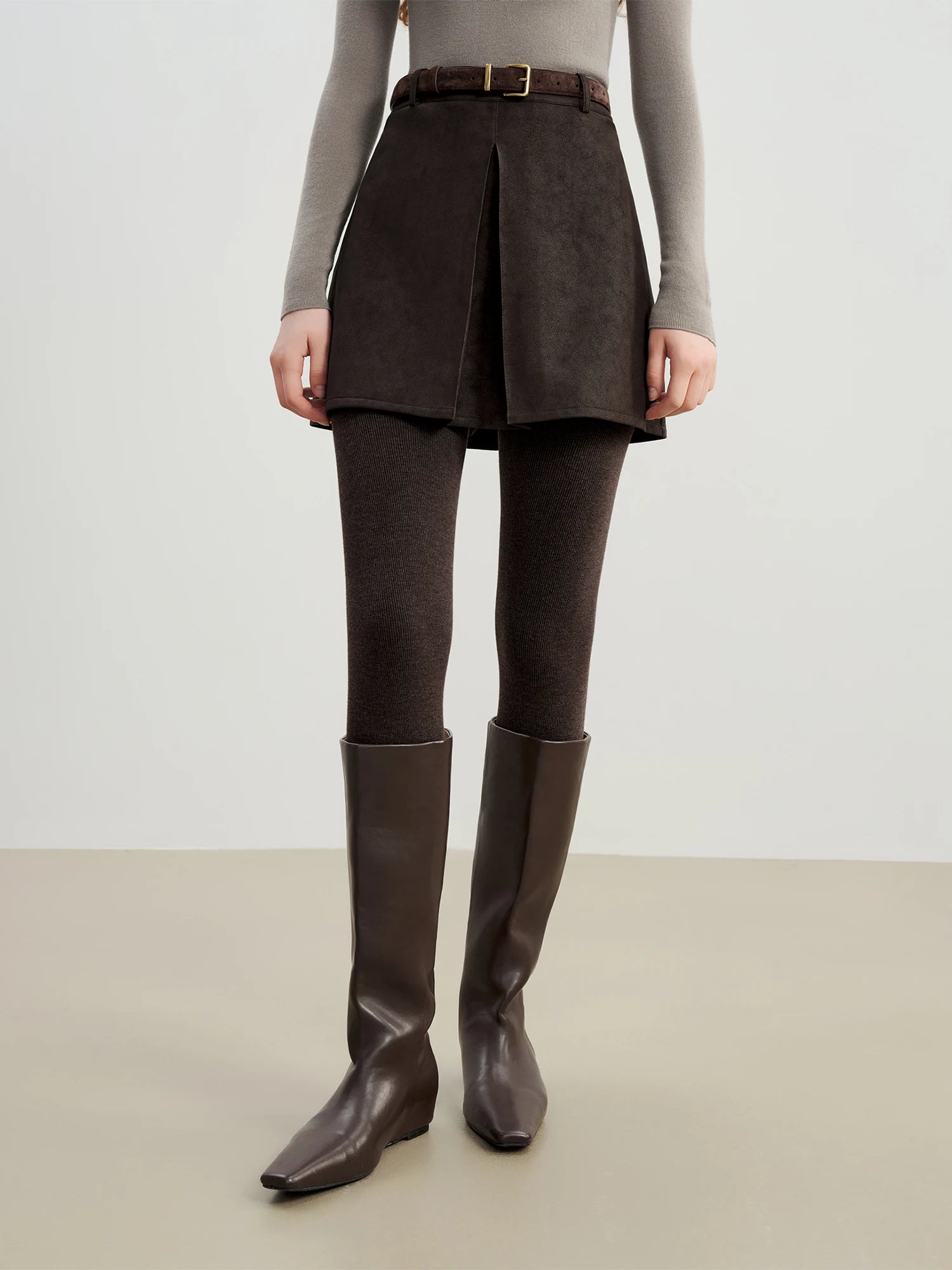 ZIQIAO 2025 Autumn Winter Women Retro Brown PU Leather Box Pleated Skirt - High Waist Midi Length A-Line Skirt for Casual