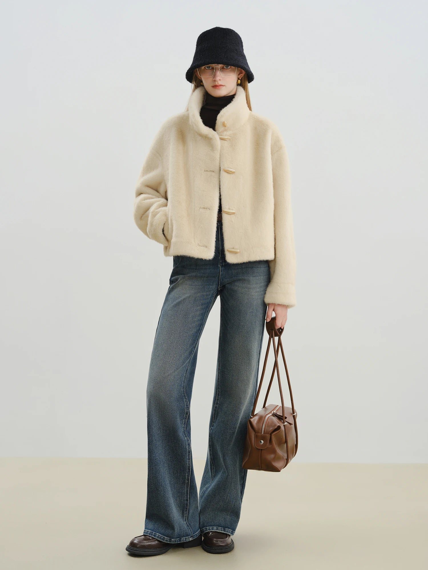 ZIQIA 2025 Winter Women Short Faux Fur Coat with Toggle Buttons - Eco-Friendly Integrated Fur Leather Look New Arrival Outerwear