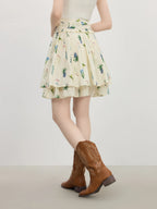 FSLE 2025 Summer Pleated Skirt Women's Printed Flared Midi Skirt Trendy Y2K Casual High Waist A-Line Skirt 25FS12786