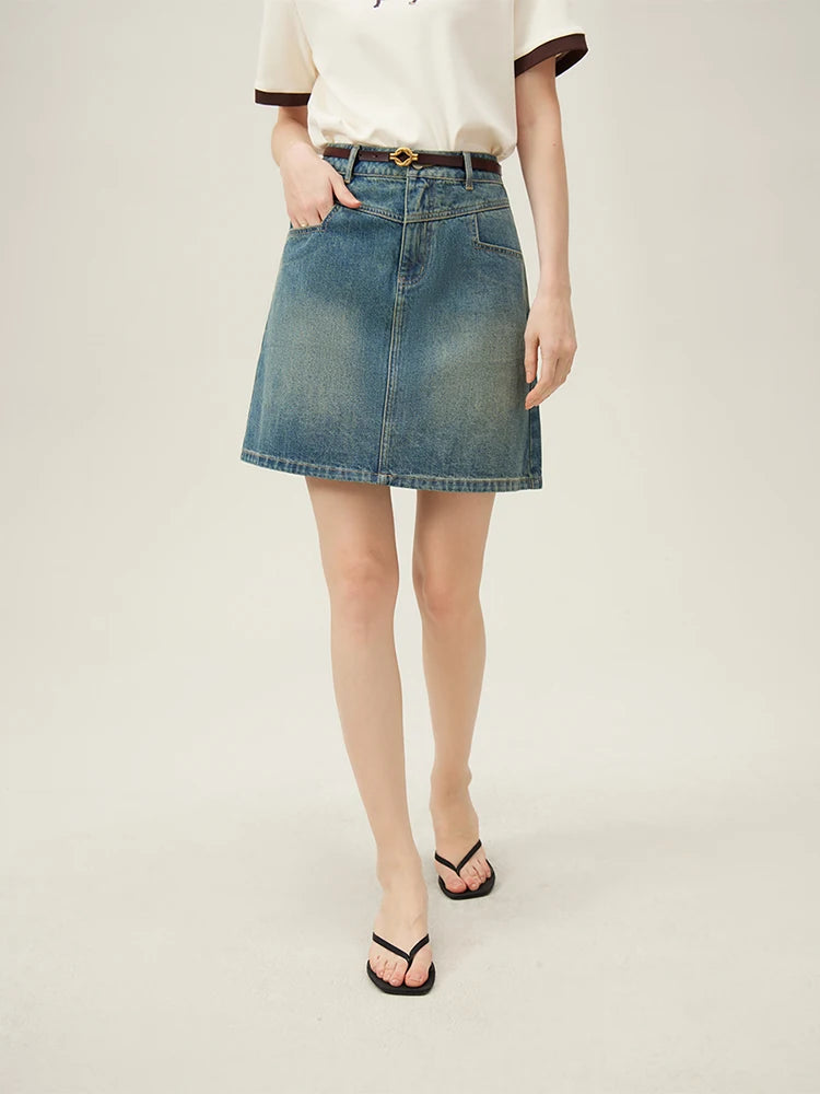 FSLE Academy Style Denim Skirt For Women's 2024 New Summer A-line High Waisted Short Blue Women Shorts Casual Skirt 24FS12171