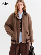 FSLE 2025 Winter Women's Color Block Houndstooth Short Jacket - Lapel Collar Raglan Sleeve Crop Outerwear for Casual Style