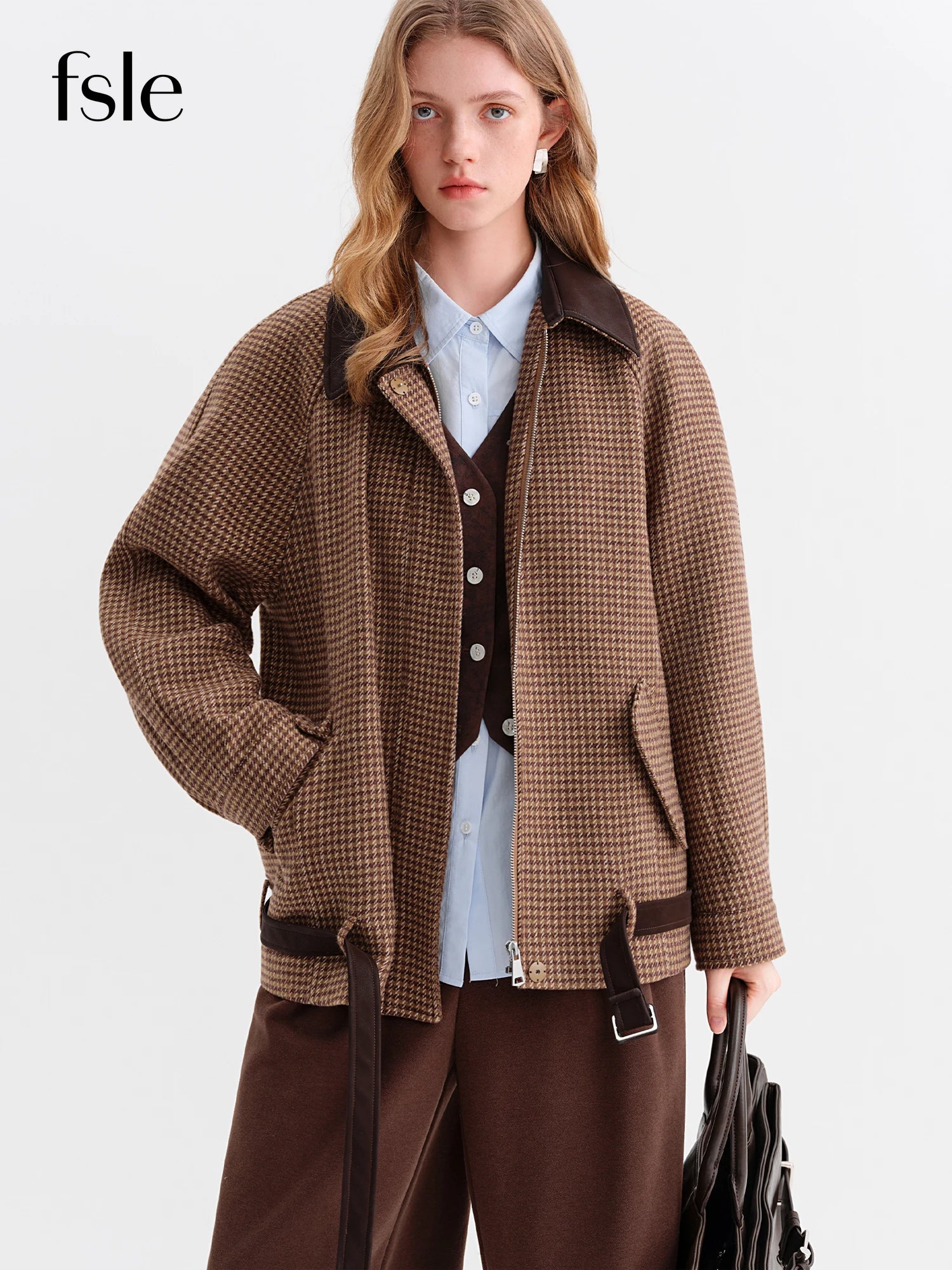 FSLE 2025 Winter Women's Color Block Houndstooth Short Jacket - Lapel Collar Raglan Sleeve Crop Outerwear for Casual Style