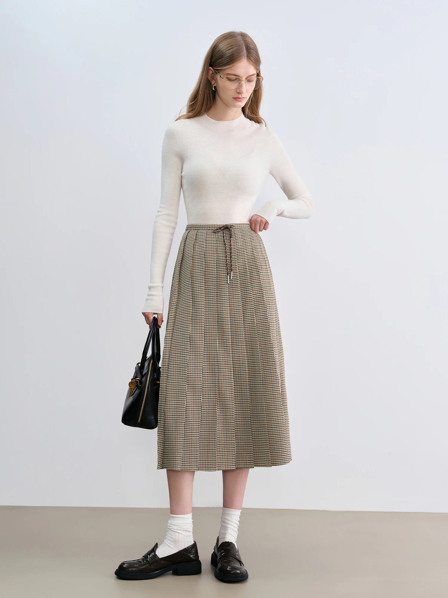 ZIQIAO Houndstooth Pleated Skirt Women's 2025 Autumn New Style College Style Pattern Versatile Casual Mid-length Skirt 25ZQ93064