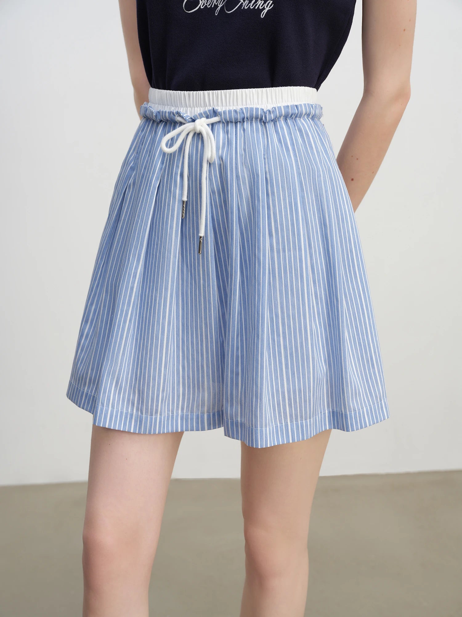 ZIQIAO New Arrival for 2025 Petite Women High-Waisted Blue Striped Pleated Mini A-Line Skirt 25ZQ92312