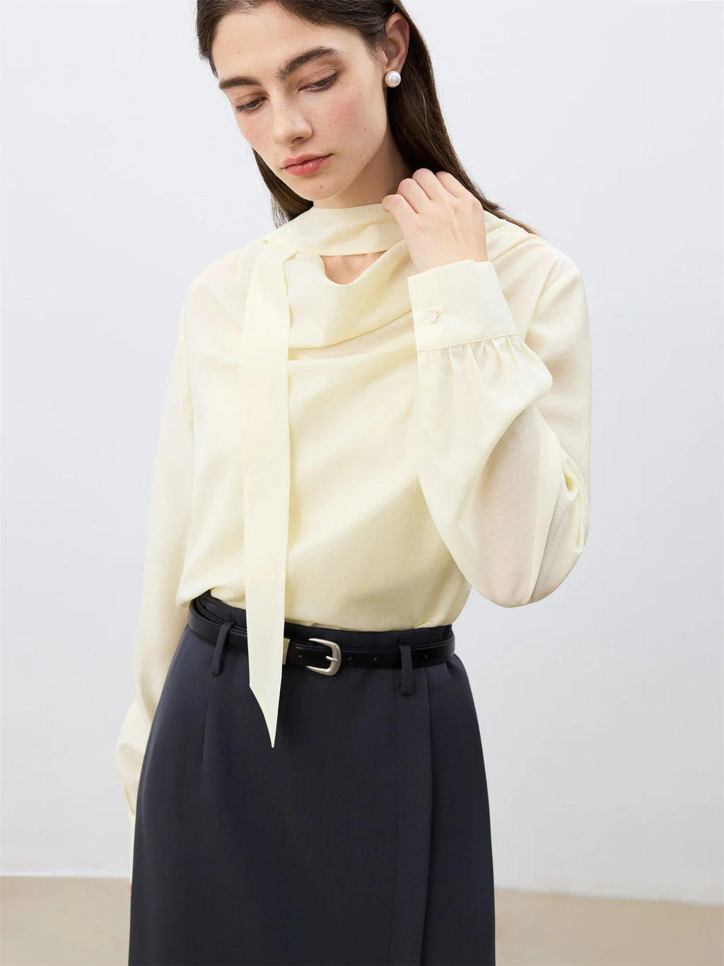 ZIQIAO Women Blouse+Vest Two Sets Office Lady Temperament 2025 Spring Light Yellow Long Sleeve Tops 23% Acetate Shirt 25ZQ91146
