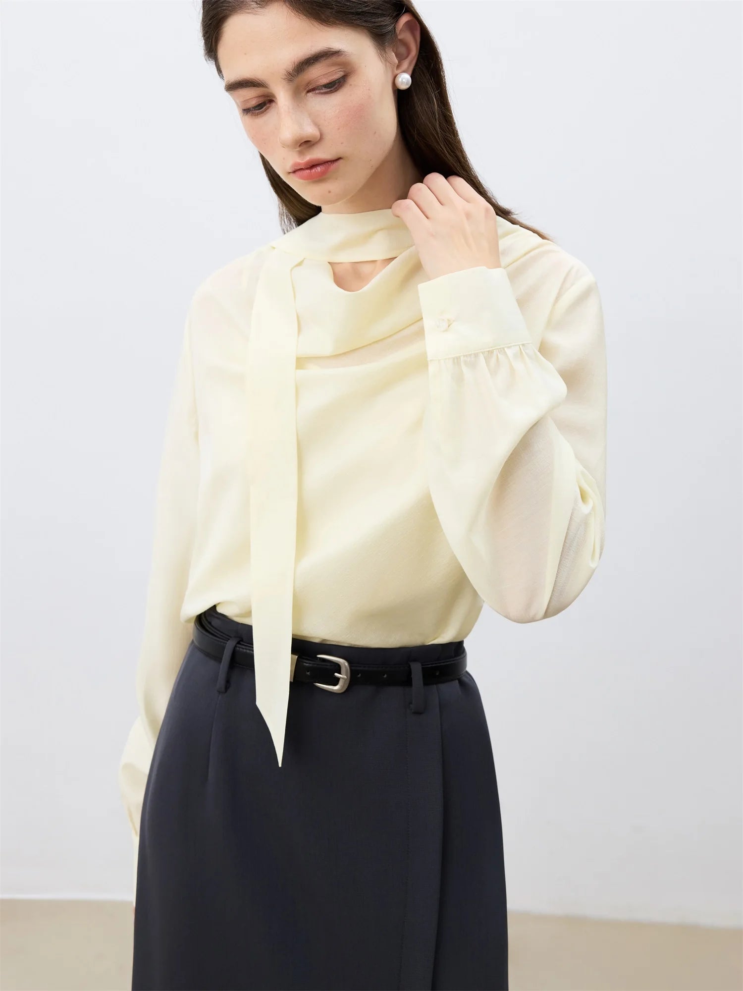 ZIQIAO Women Blouse+Vest Two Sets Office Lady Temperament 2025 Spring Light Yellow Long Sleeve Tops 23% Acetate Shirt 25ZQ91146
