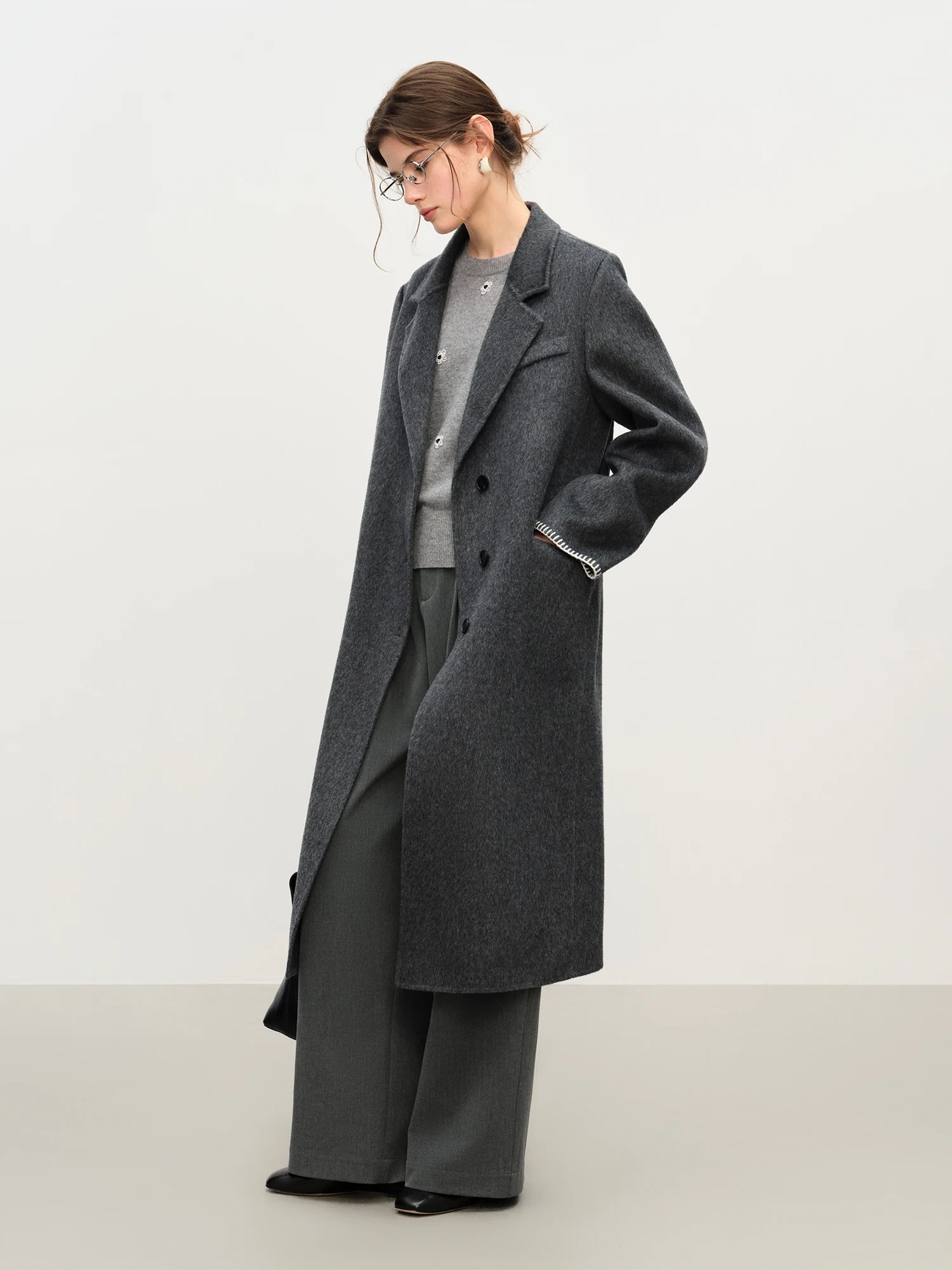 FSLE Winter 2025 Women's Tailored Shoulder Blazer Coat - Double Faced Wool Trench Outerwear with Notch Lapel Office Elegant