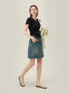 FSLE Academy Style Denim Skirt For Women's 2024 New Summer A-line High Waisted Short Blue Women Shorts Casual Skirt 24FS12171