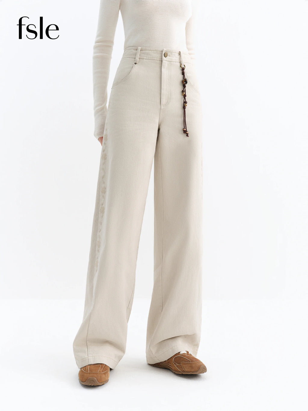 FSLE 2025 Winter Women's Vintage Washed Embroidered Banana Jeans Curved High Waist Wide Leg Trousers Slim Fit Retro Pants