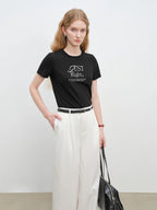 ZIQIAO Simple Printed Straight Shoulder Round Neck T-shirt Women's Short Sleeve 2025 Summer New 25ZQ92367