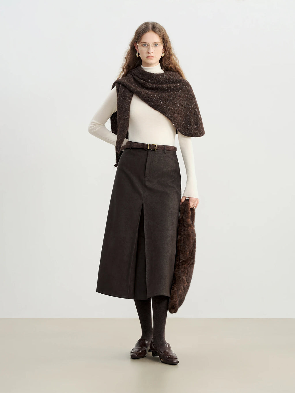 ZIQIAO 2025 Autumn Winter Women Retro Brown PU Leather Box Pleated Skirt - High Waist Midi Length A-Line Skirt for Casual