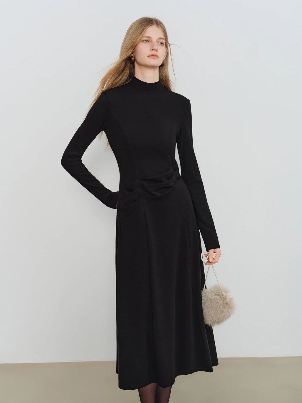 ZIQIAO Autumn Winter 2025 Women's Waist-Defined Maxi Dress - Classic Black Timeless Silhouette Flattering Fit Office Elegant