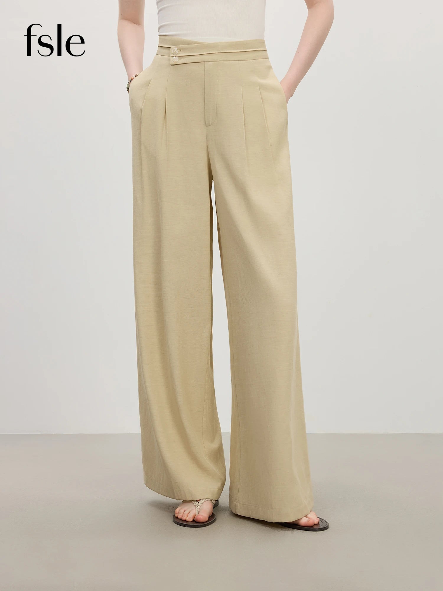 FSLE Women Casual Relaxed Linen Blend High-waisted Wide-leg Straight-leg Pants New Summer 2025 Pants 25FS12748