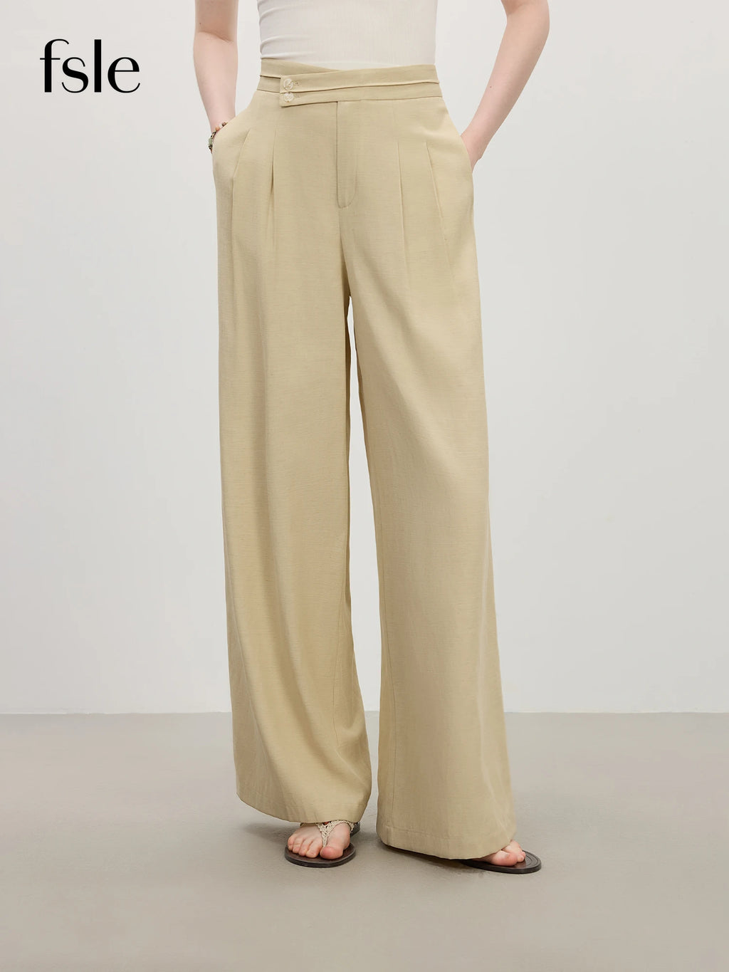 FSLE Women Casual Relaxed Linen Blend High-waisted Wide-leg Straight-leg Pants New Summer 2025 Pants 25FS12748