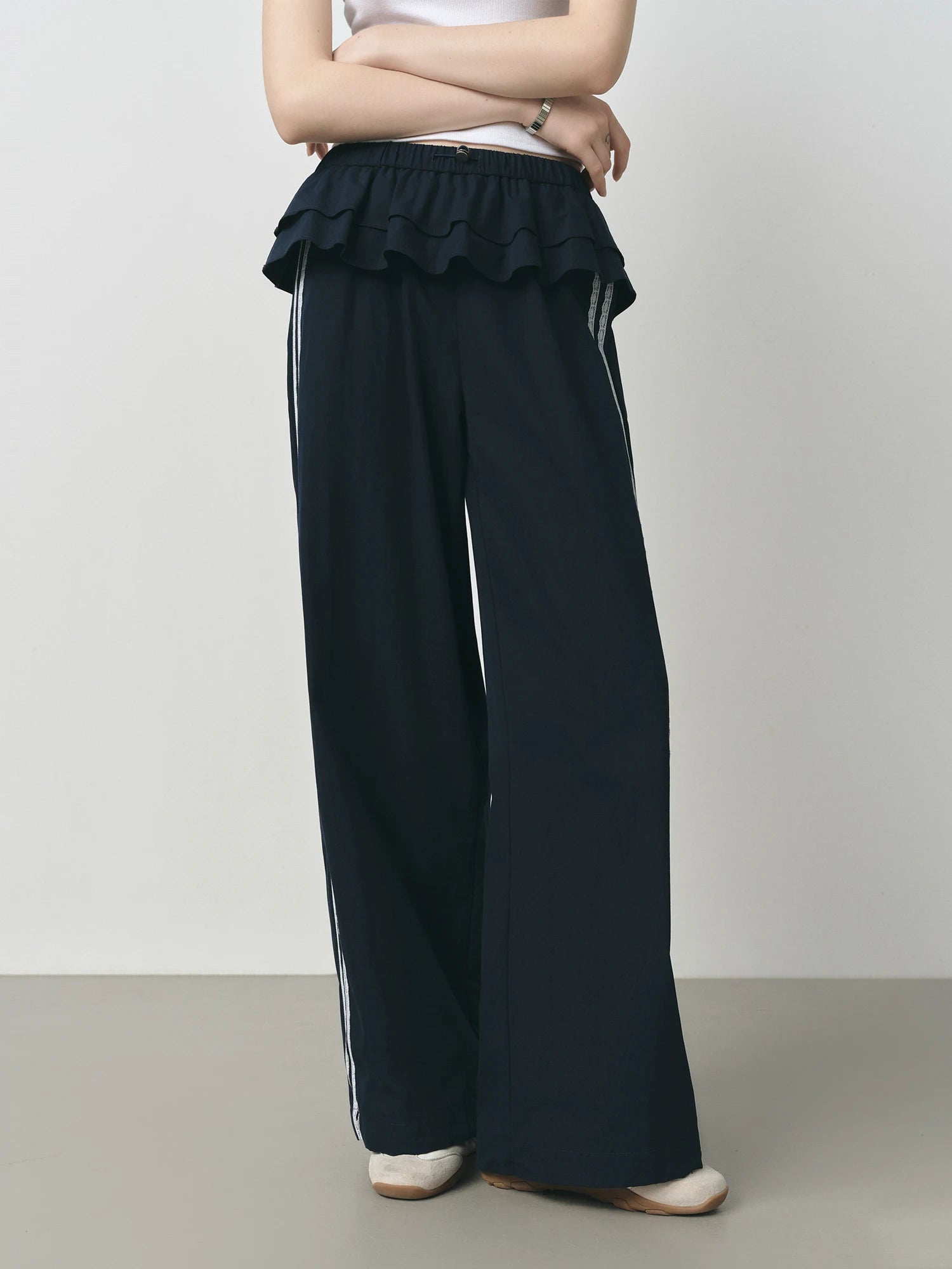 FSLE 2025 Summer Balletcore Pants Women's Fake Two-Piece Lace Trim Casual Trousers Y2K Trendy Ruffled Chic Joggers 25FS12880