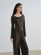 ZIQIAO 2025 Women's Knit Coordinate Set - Drop Collar Knit Top & Straight Leg Pants Office Casual Two Piece Set Elegance