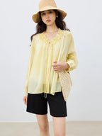 ZIQIAO Women Spring Long Sleeve Chiffon Shirts Blouse+Vest Two Sets V-Neck French Style Floral Women Shirt Tops 25ZQ91125