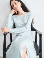 ZIQIAO Autumn 2025 Long Sleeve Set - Blue Soft Tone Matching Top & Skirt Long Length Women Casual Outfit