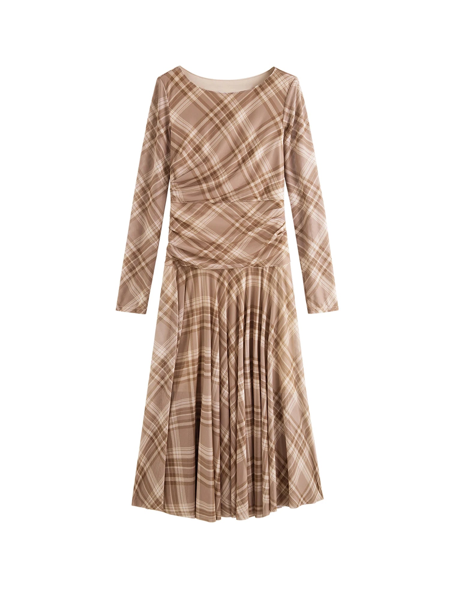 ZIQIAO Early Fall 2025 Women's Textured Plaid Maxi Dress - Long Sleeve Vintage Inspired Cinched Waist Flowy Elegant Daily Wear