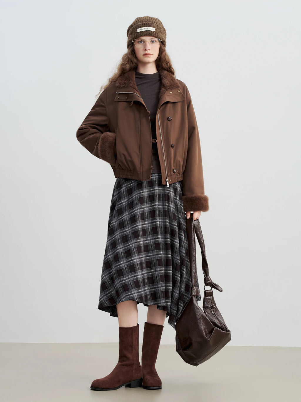 ZIQIAO 2025 Women's Retro Plaid A-Line Skirt - High Waist Flared Swing Midi Skirt with Pleated Detail for Office Casual