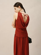 ZIQIAO 2025 Summer Petite Women Asian-Inspired Sleeveless Set - Flowy Blouson Skirt Tank Top Casual Outfit for Special Occasions