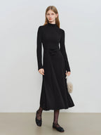 ZIQIAO Autumn Winter 2025 Women's Waist-Defined Maxi Dress - Classic Black Timeless Silhouette Flattering Fit Office Elegant