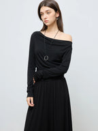 ZIQIAO Women Spring Long Sleeve T-Shirt Tops 19.4% Wool Swing Neck Slim Fit Commuter Top 2025 Spring Female Black Top 25ZQ91081