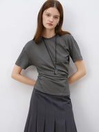 ZIQIAO Unique Design T-shirt For Women Short Sleeve Top 2025 Spring New Design Knitted Versatile Black Grey Shirt 25ZQ91060