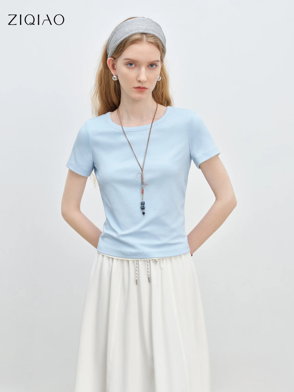 ZIQIAO Minimalism Style 4 Color Simple Round Neck Slim T-shirt Women's Short Sleeve 2025 Summer New Arrival Pink Top 25ZQ92356