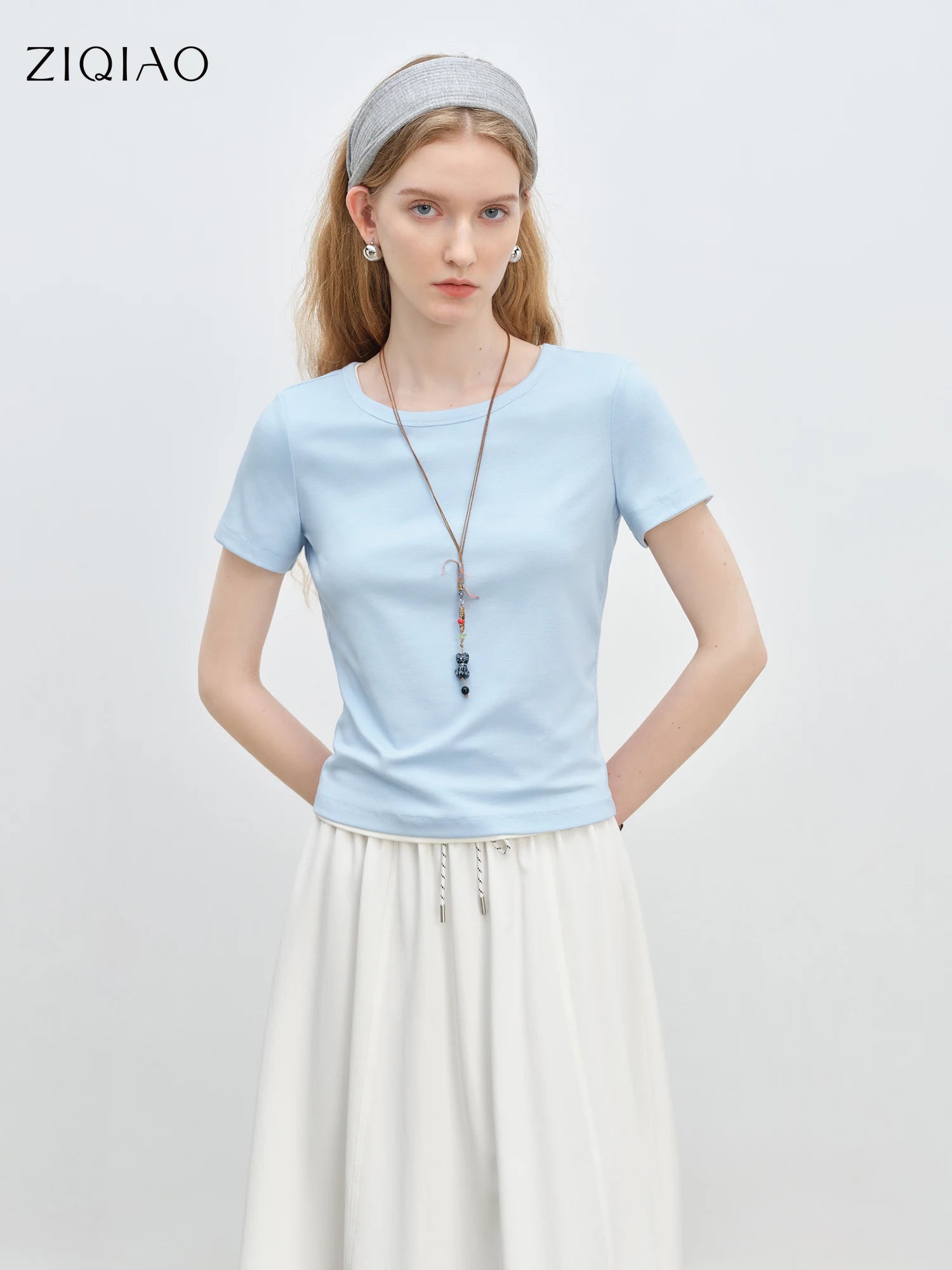 ZIQIAO Minimalism Style 4 Color Simple Round Neck Slim T-shirt Women's Short Sleeve 2025 Summer New Arrival Pink Top 25ZQ92356