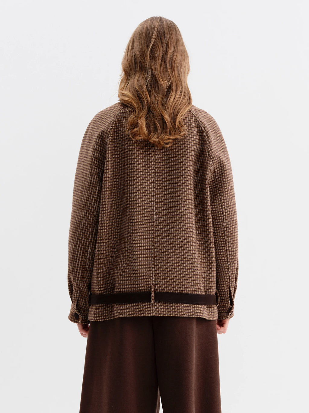 FSLE 2025 Winter Women's Color Block Houndstooth Short Jacket - Lapel Collar Raglan Sleeve Crop Outerwear for Casual Style