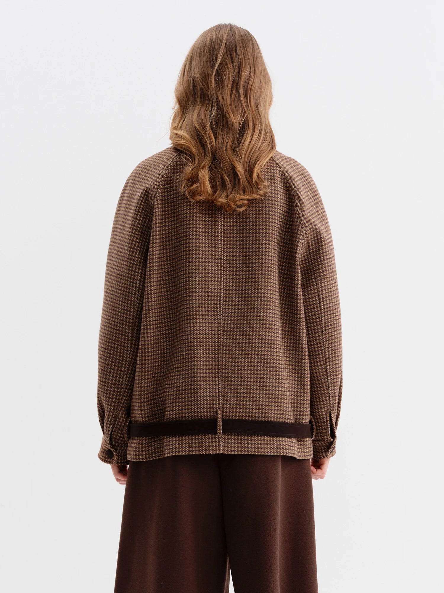 FSLE 2025 Winter Women's Color Block Houndstooth Short Jacket - Lapel Collar Raglan Sleeve Crop Outerwear for Casual Style