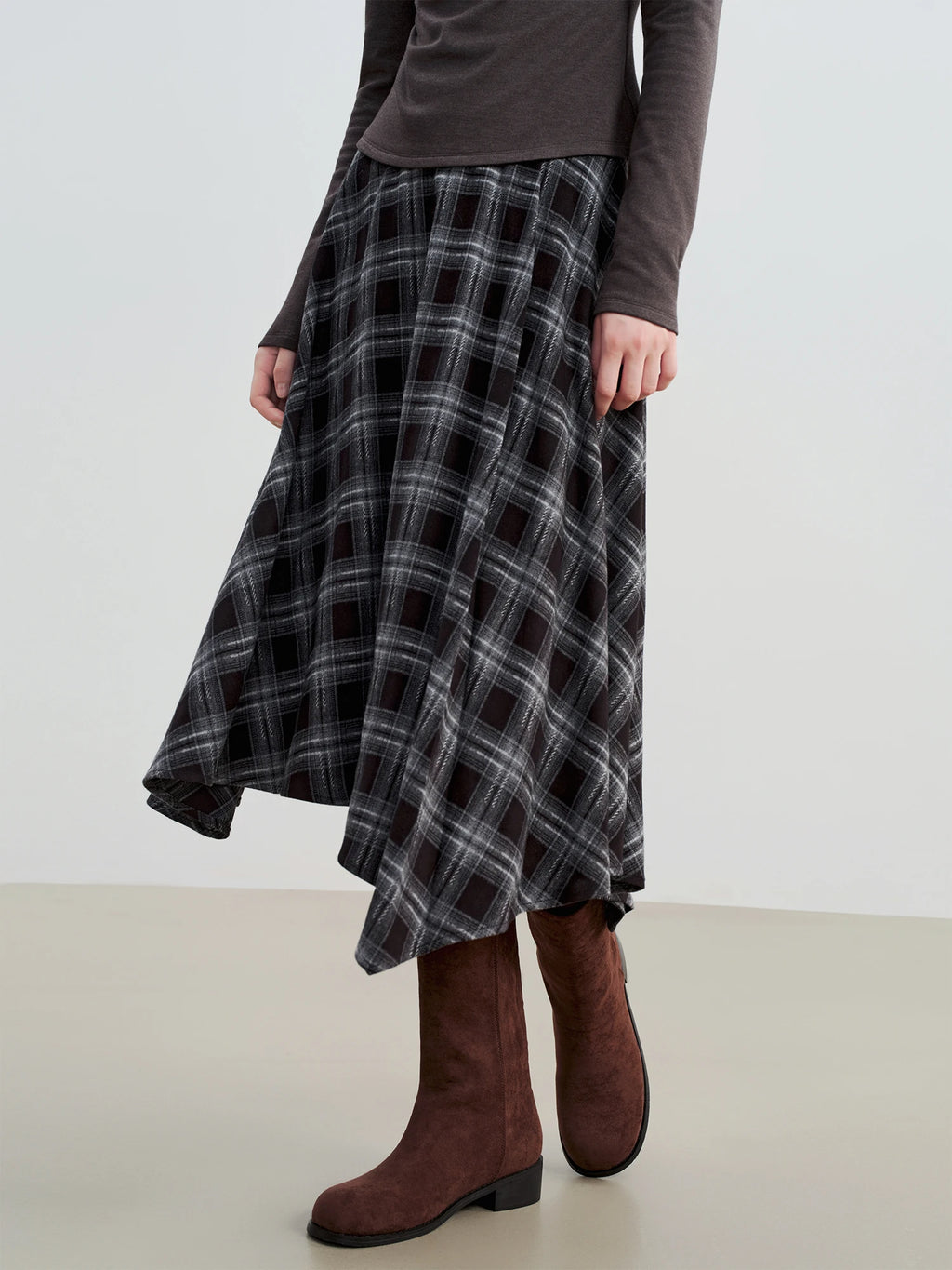 ZIQIAO 2025 Women's Retro Plaid A-Line Skirt - High Waist Flared Swing Midi Skirt with Pleated Detail for Office Casual