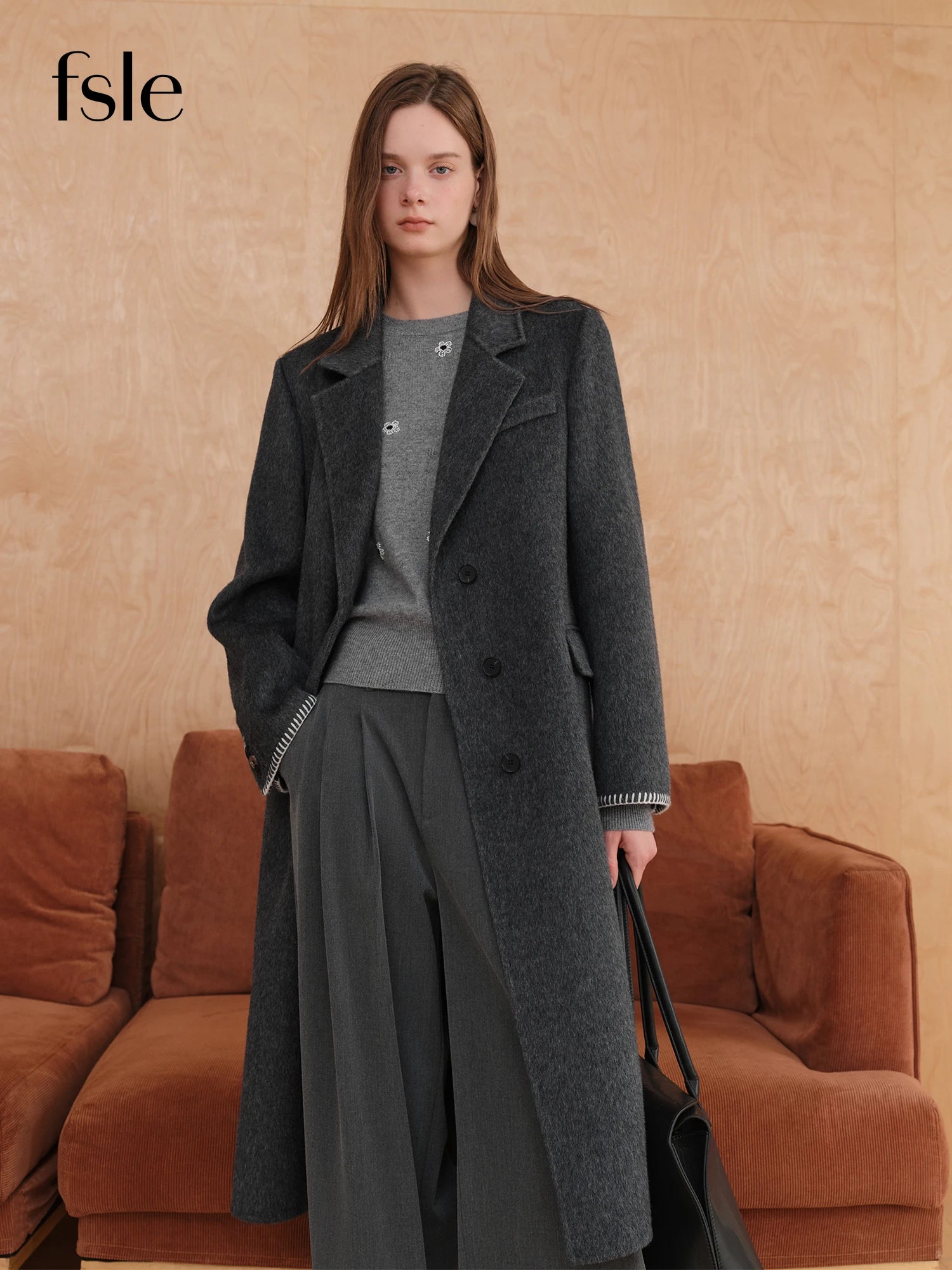 FSLE Winter 2025 Women's Tailored Shoulder Blazer Coat - Double Faced Wool Trench Outerwear with Notch Lapel Office Elegant