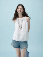 ZIQIAO 2025 Summer Women's Laser-Cut Round Neck Two-Piece Set - Petite-Optimized Slimming Silhouette & Textured Chiffon Skirt