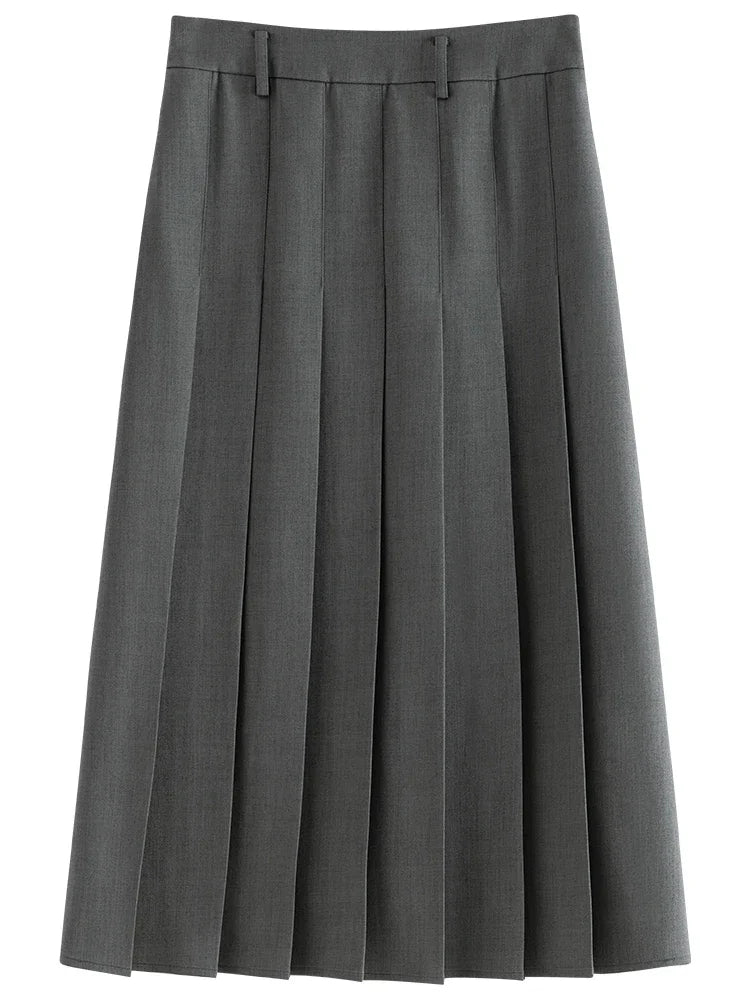 FSLE 2025 New Arrival Women Zipper Waist Office Lady Elegant Grey Skirt Pleated Design Navy Blue Color Long Skirt Daily Outfits